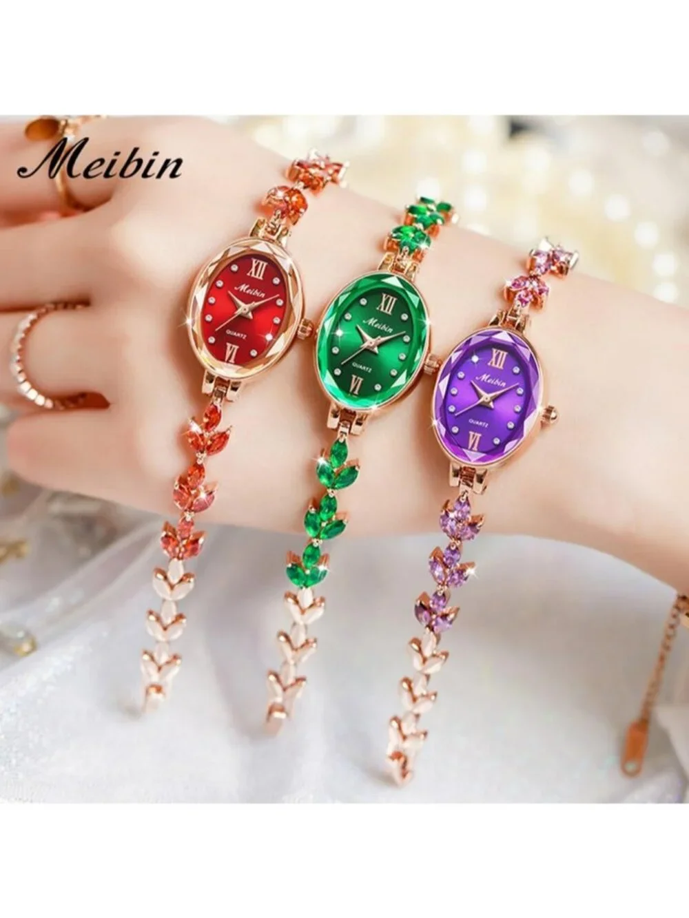 Women's Green Crystal Diamond Bangle Ladies Bracelet Luxury Oval Gold Watches